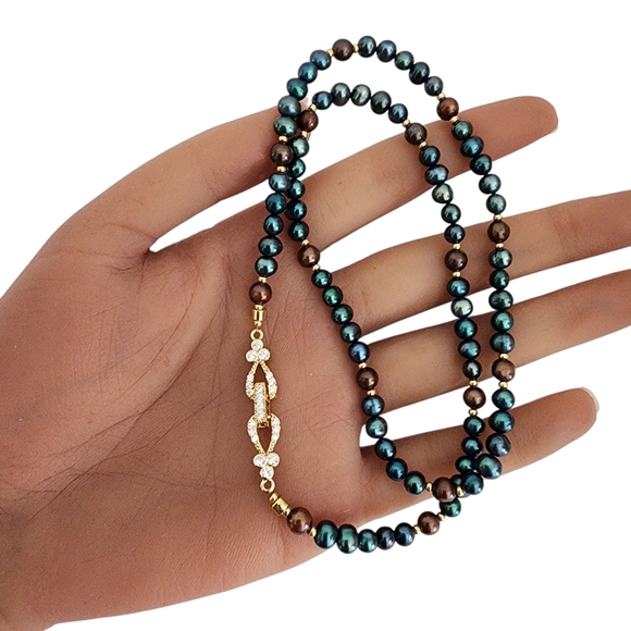 Artisan Jewelry - Vintage pearl necklace gold filigree clasp blue brown baby pearls  A0215 -Q5 -Q2